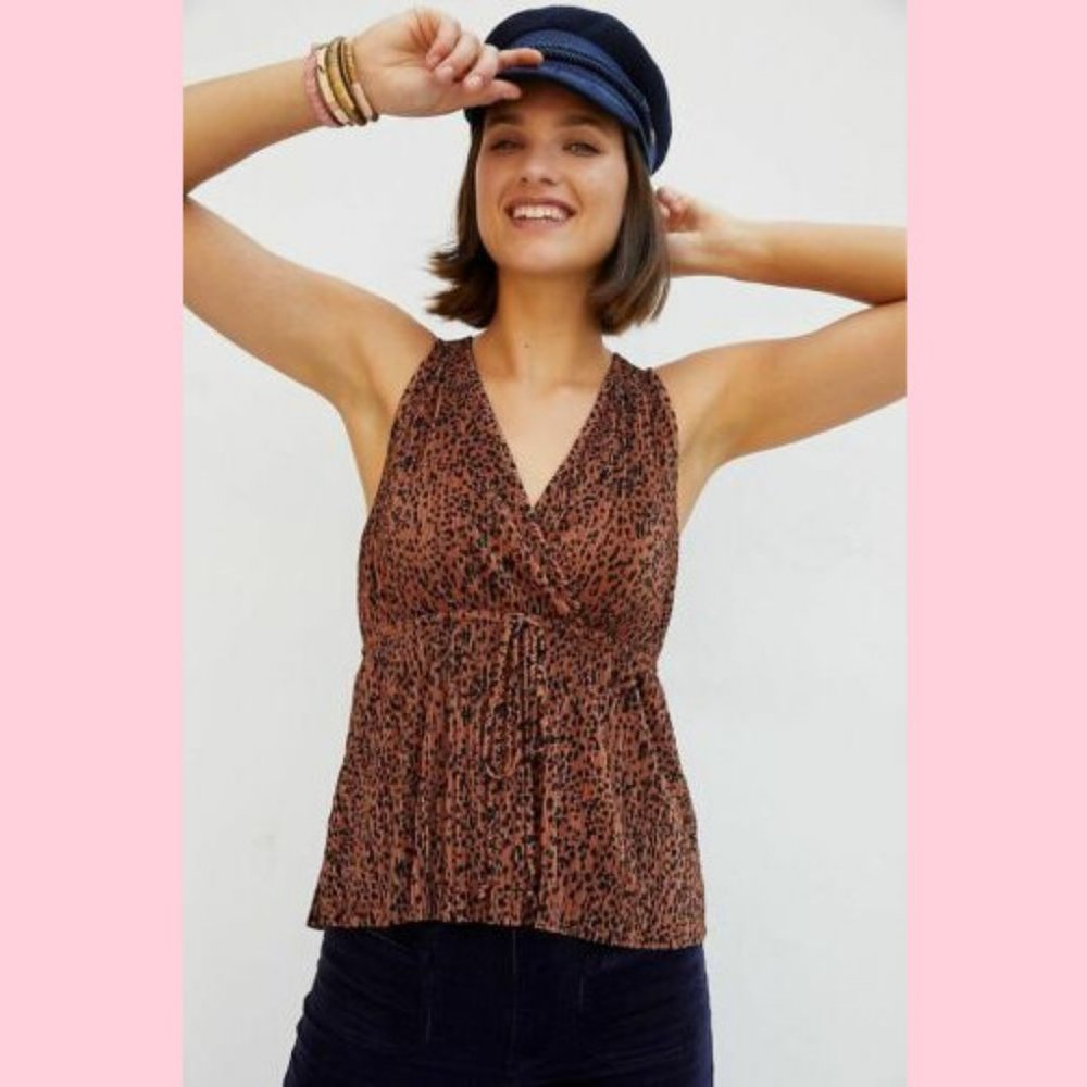 NWT Anthropologie Alexane Leopard Print Babydoll Pleated Blouse XL